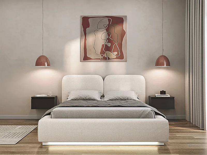 Lit tapissé avec coffre et LED 180×200 - chenille - crème - COMOVES