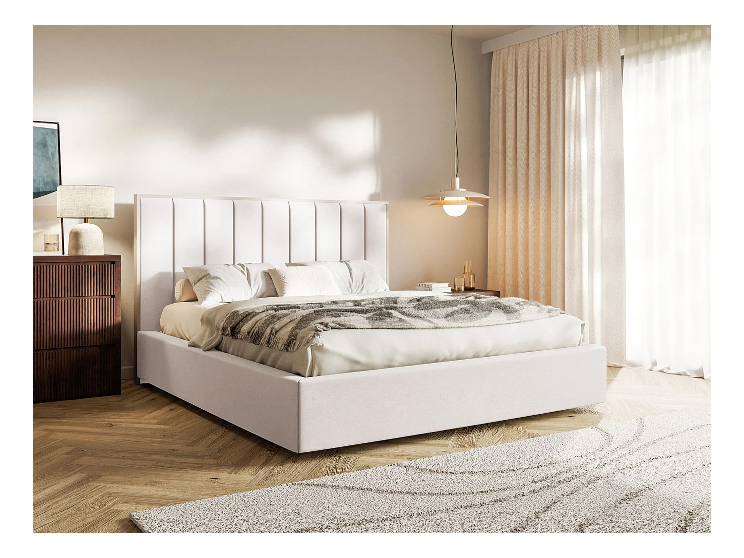 Gestoffeerd bed 140x200 - velours en bedbox - crème - TOGENTS