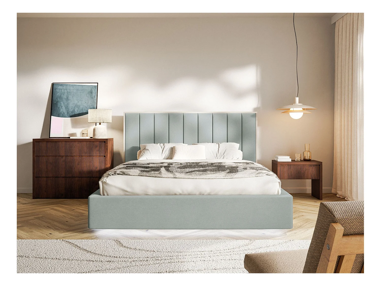 Polsterbett 140x200 mit Veloursbezug – Bettkasten und LED – Salbeigrün – TOGENTS