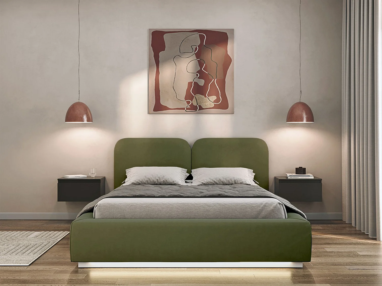 Lit tapissé avec coffre et LED 180×200 - velours - vert olive - COMOVES