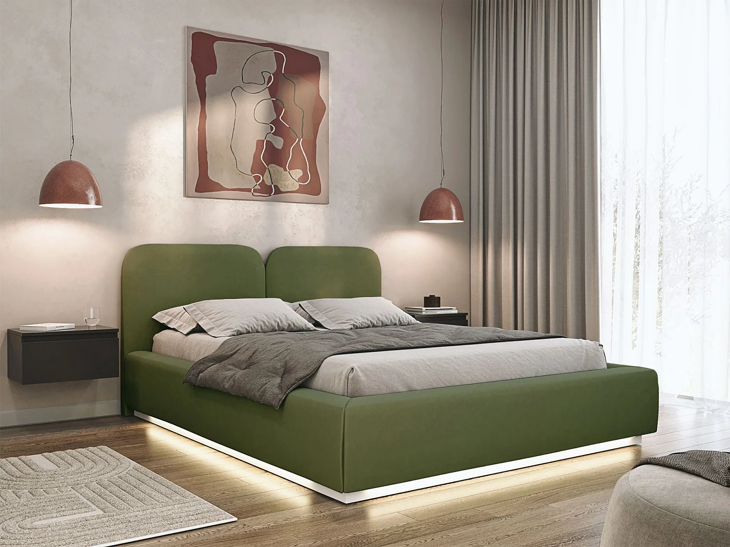 Lit tapissé avec coffre et LED 180×200 - velours - vert olive - COMOVES