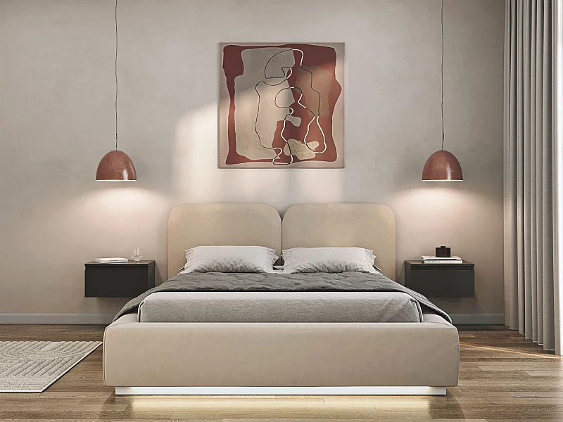 Lit tapissé avec coffre et LED 180×200 - velours - beige clair- COMOVES