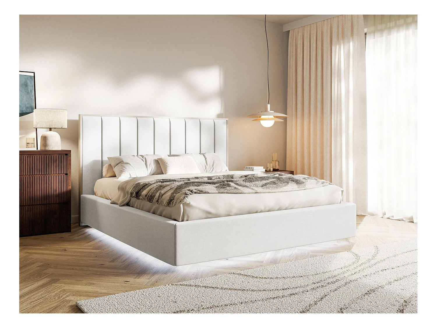 Polsterbett 160x200 mit Veloursbezug – Bettkasten und LED – Weiß – TOGENTS