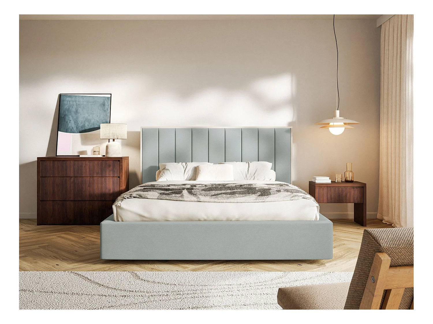 Lit tapissé avec coffre 160×200 - velours - vert sauge - TOGENTS