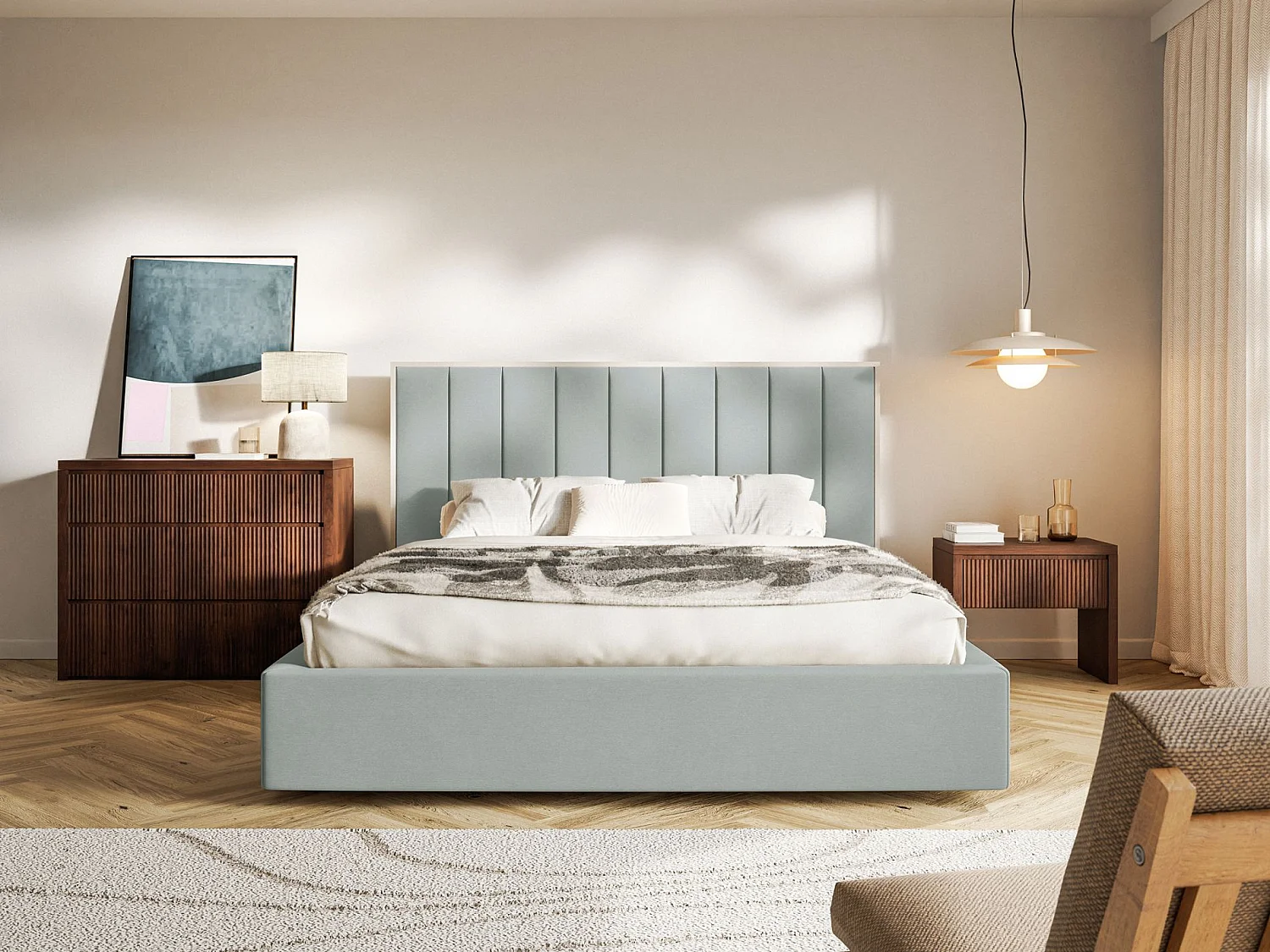 Lit tapissé avec coffre 160×200 - velours - vert sauge - TOGENTS