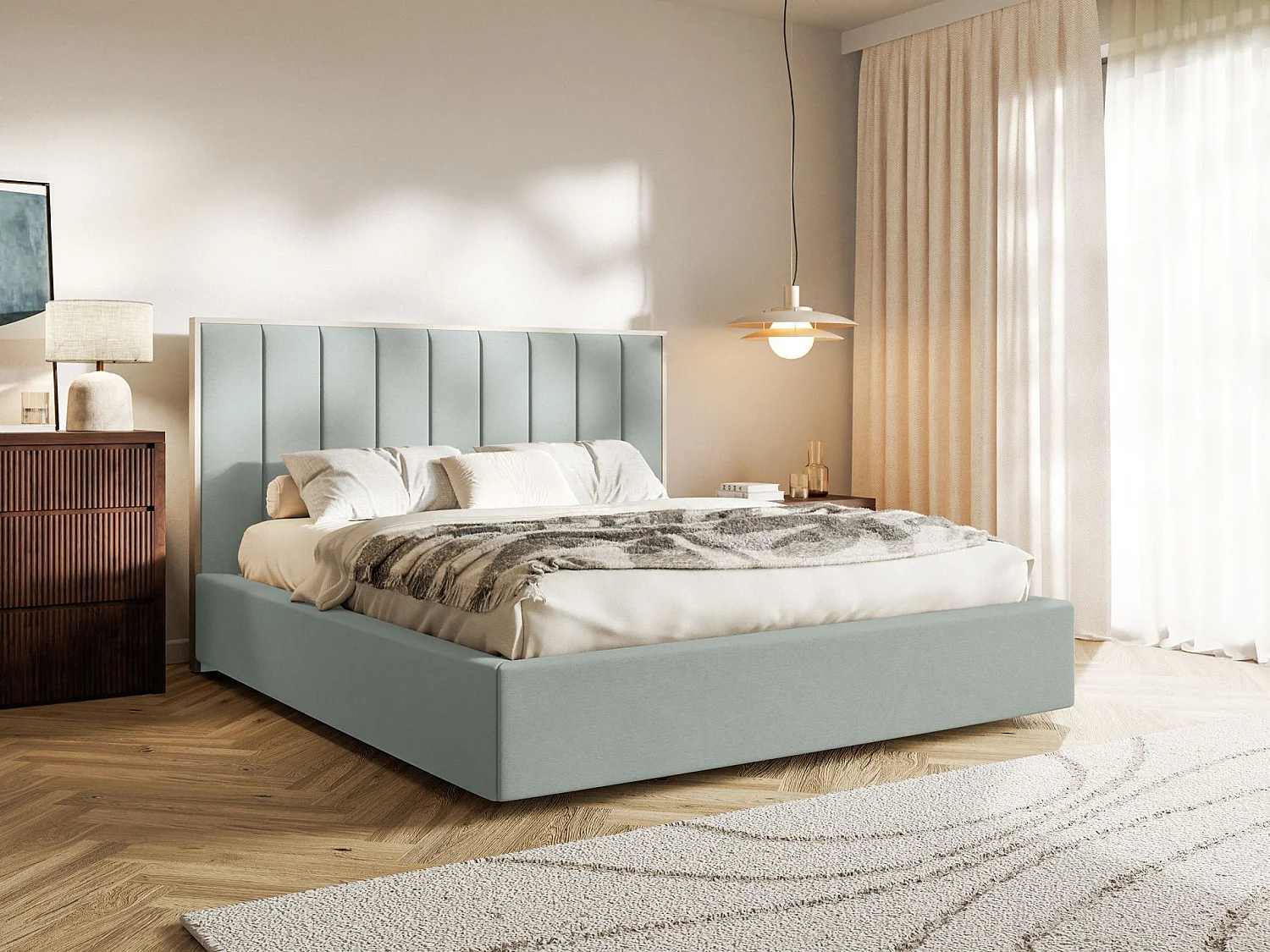 Lit tapissé avec coffre 160×200 - velours - vert sauge - TOGENTS