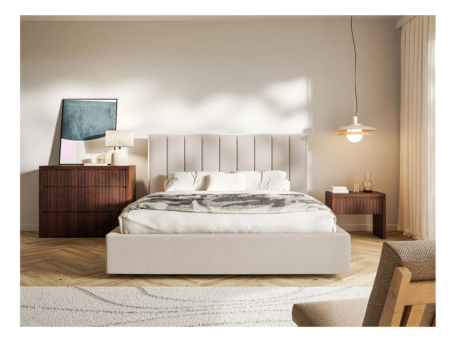 Lit tapissé avec coffre 140×200 - chenille - beige - TOGENTS