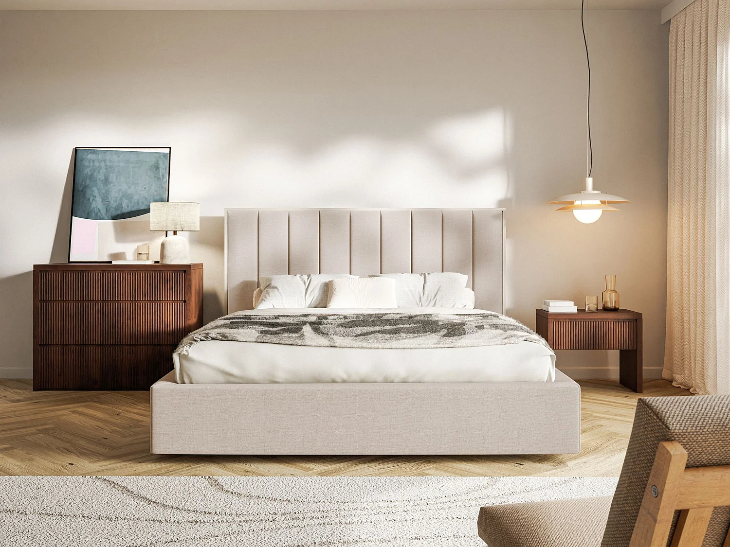 Polsterbett 140x200 mit Chenillebezug und Bettkasten – Beige – TOGENTS