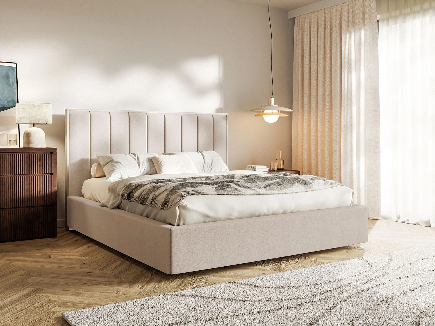 Gestoffeerd bed 140x200 - chenille en bedbox - beige - TOGENTS