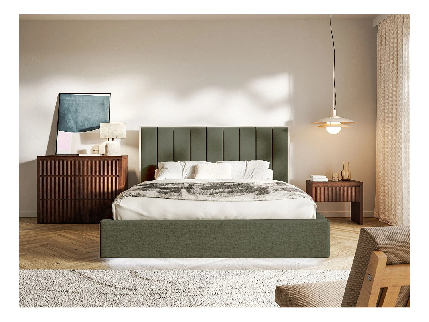 Lit tapissé avec coffre et LED160×200 - chenille - vert foncé - TOGENTS