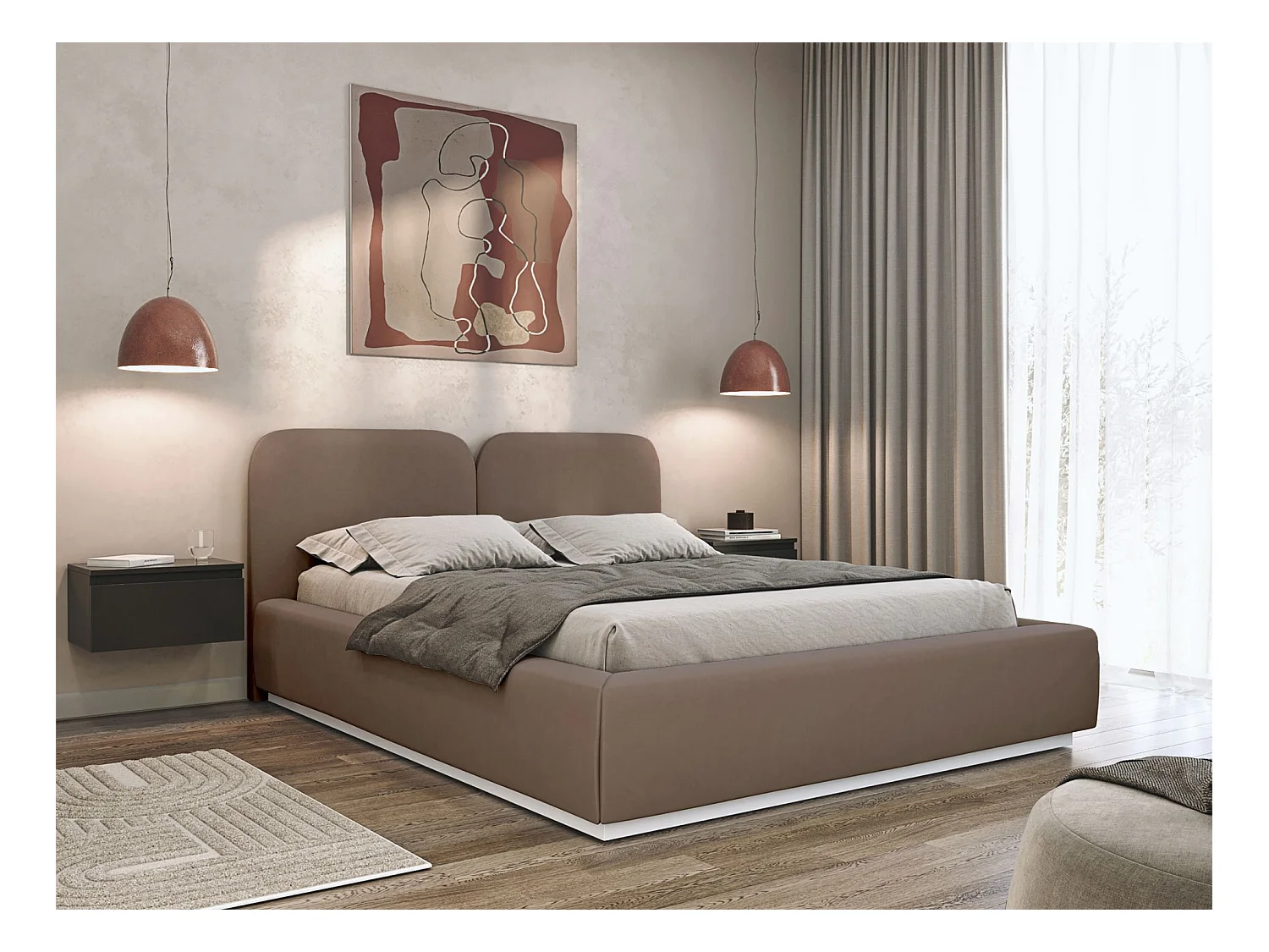 Polsterbett 140x200 mit Veloursbezug – Bettkasten und Lattenrost – Braun – COMOVES