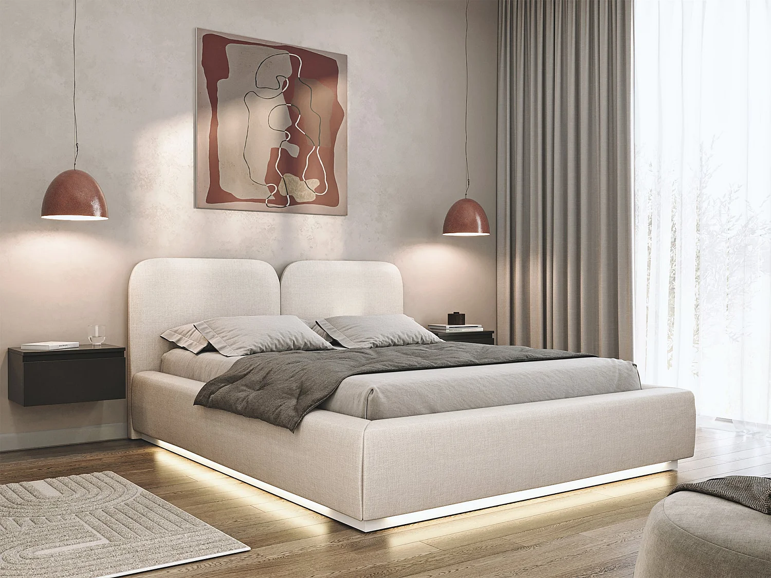 Lit tapissé avec coffre et LED 160×200 - chenille - crème - COMOVES