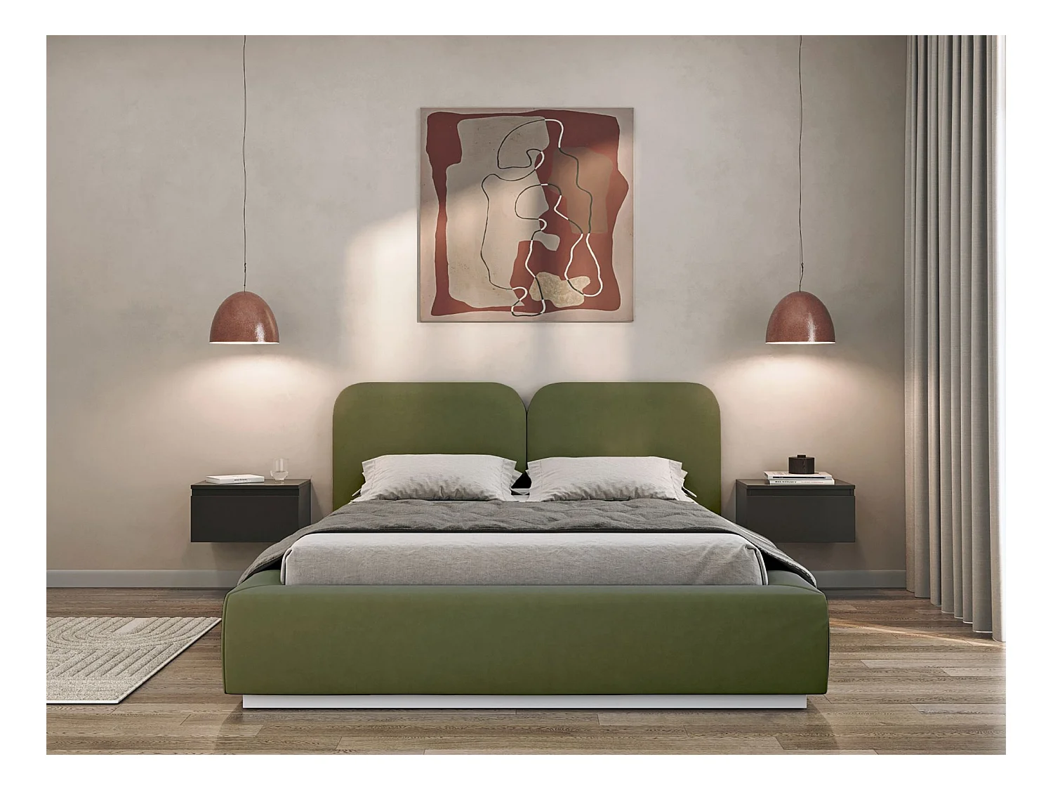 Lit tapissé avec coffre 140×200 - velours - vert olive - COMOVES