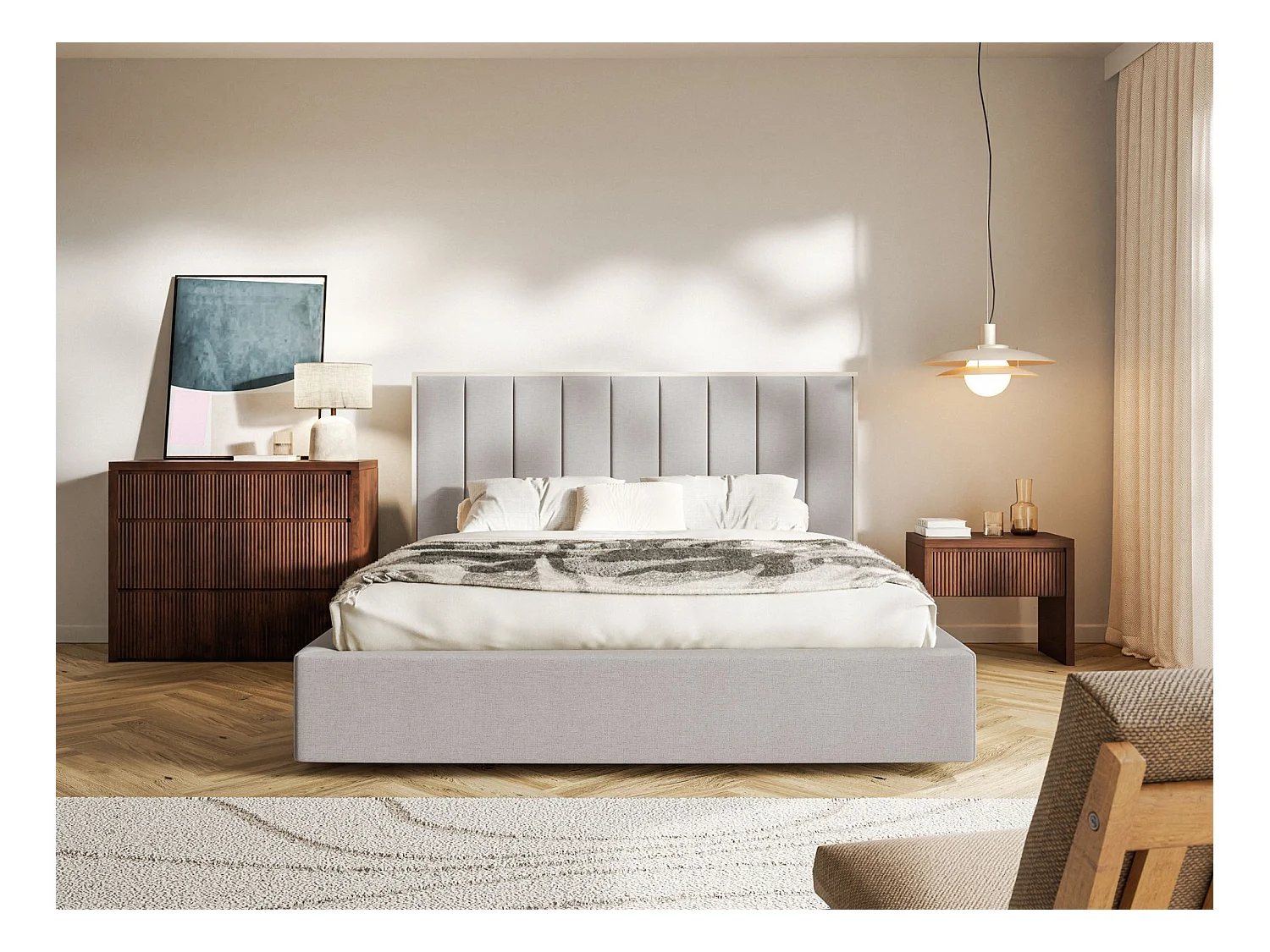 Lit tapissé avec coffre et LED160×200 - chenille - gris-beige - TOGENTS
