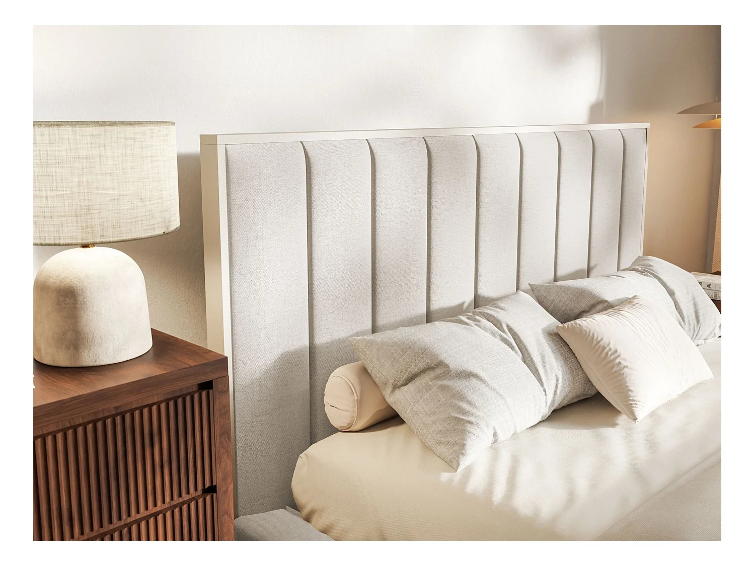 Gestoffeerd bed 140x200 - chenille en bedbox - lichtbeige - TOGENTS