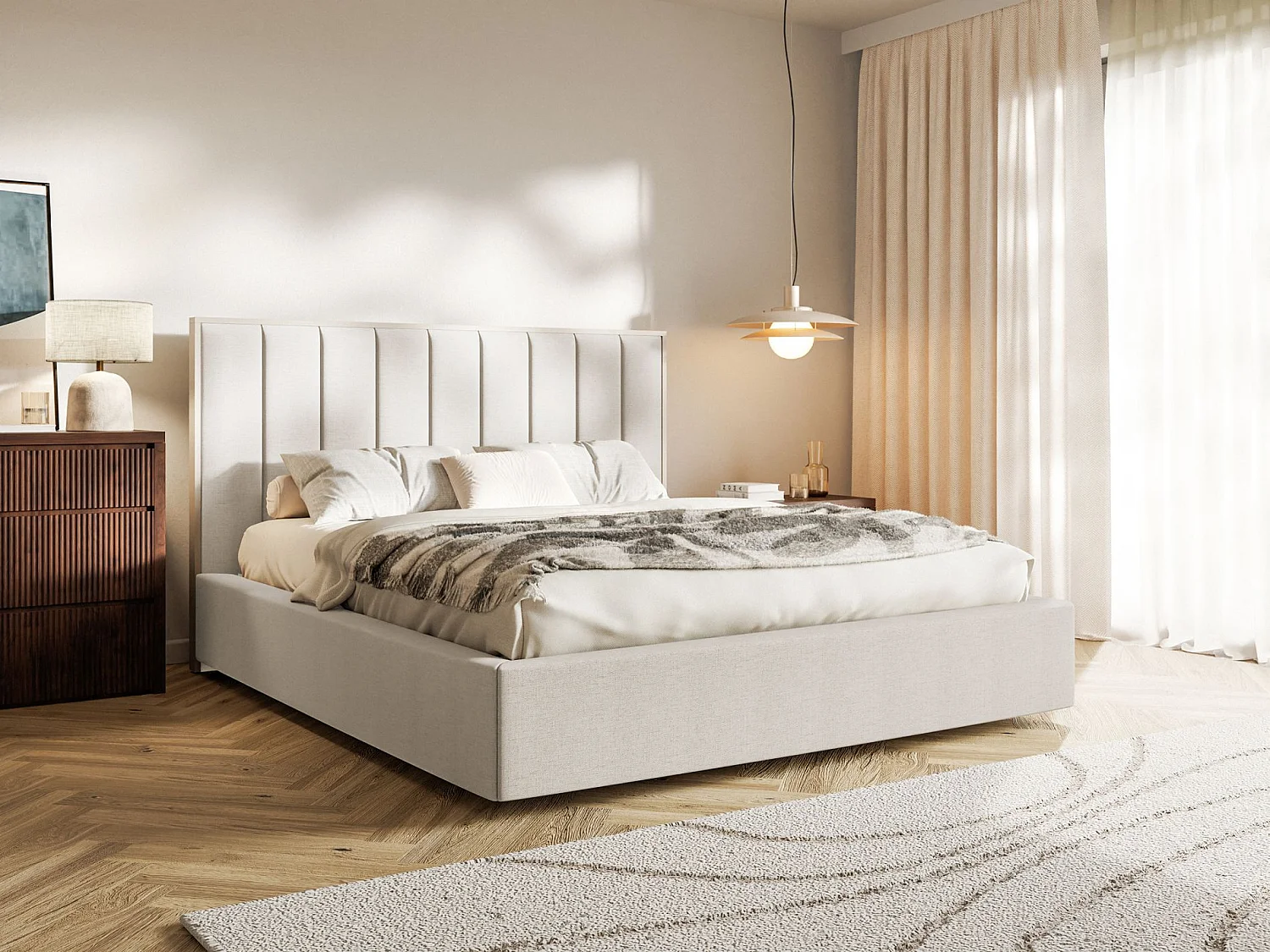 Polsterbett 140x200 mit Chenillebezug und Bettkasten – Hellbeige – TOGENTS