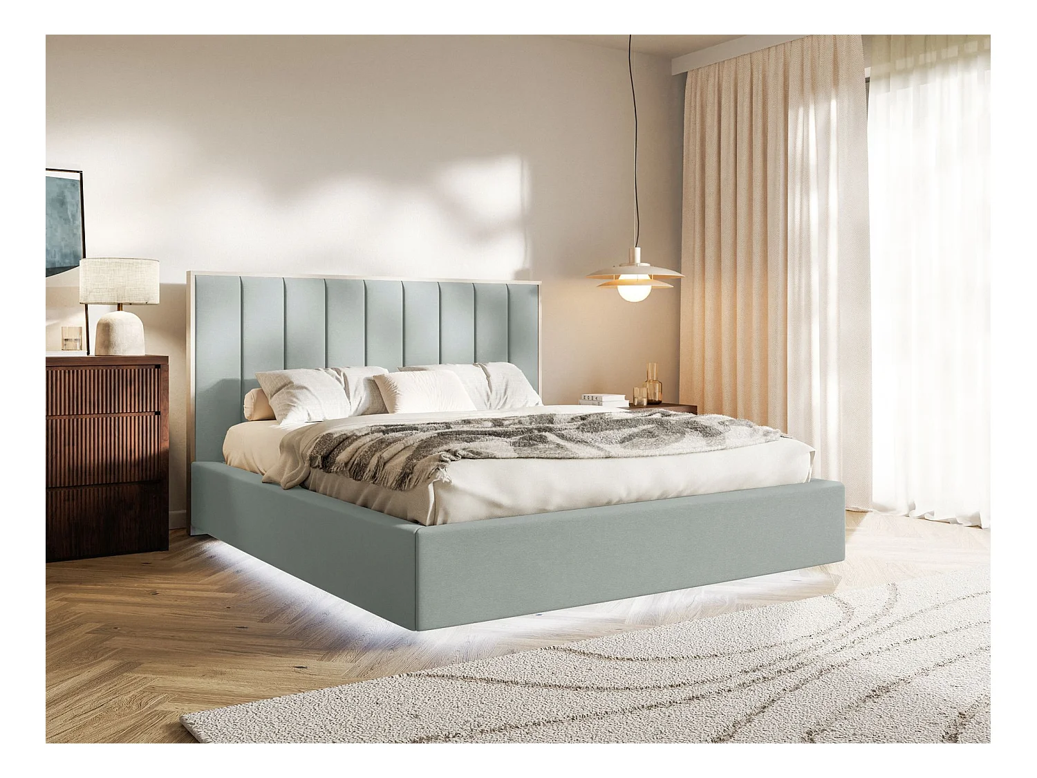 Polsterbett 160x200 mit Veloursbezug – Bettkasten und LED – Salbeigrün – TOGENTS