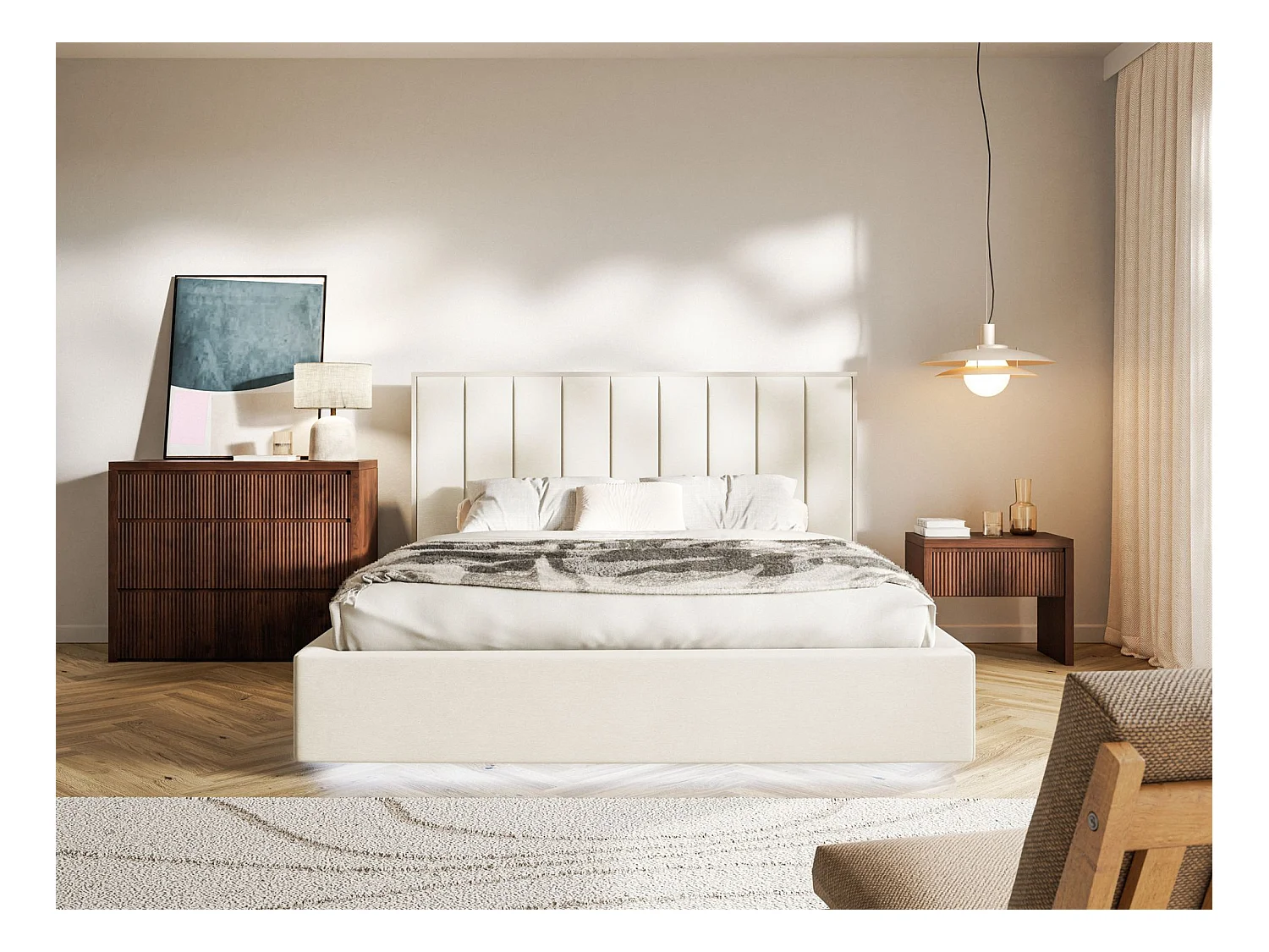 Lit tapissé avec coffre et LED 140×200 - velours - crème - TOGENTS