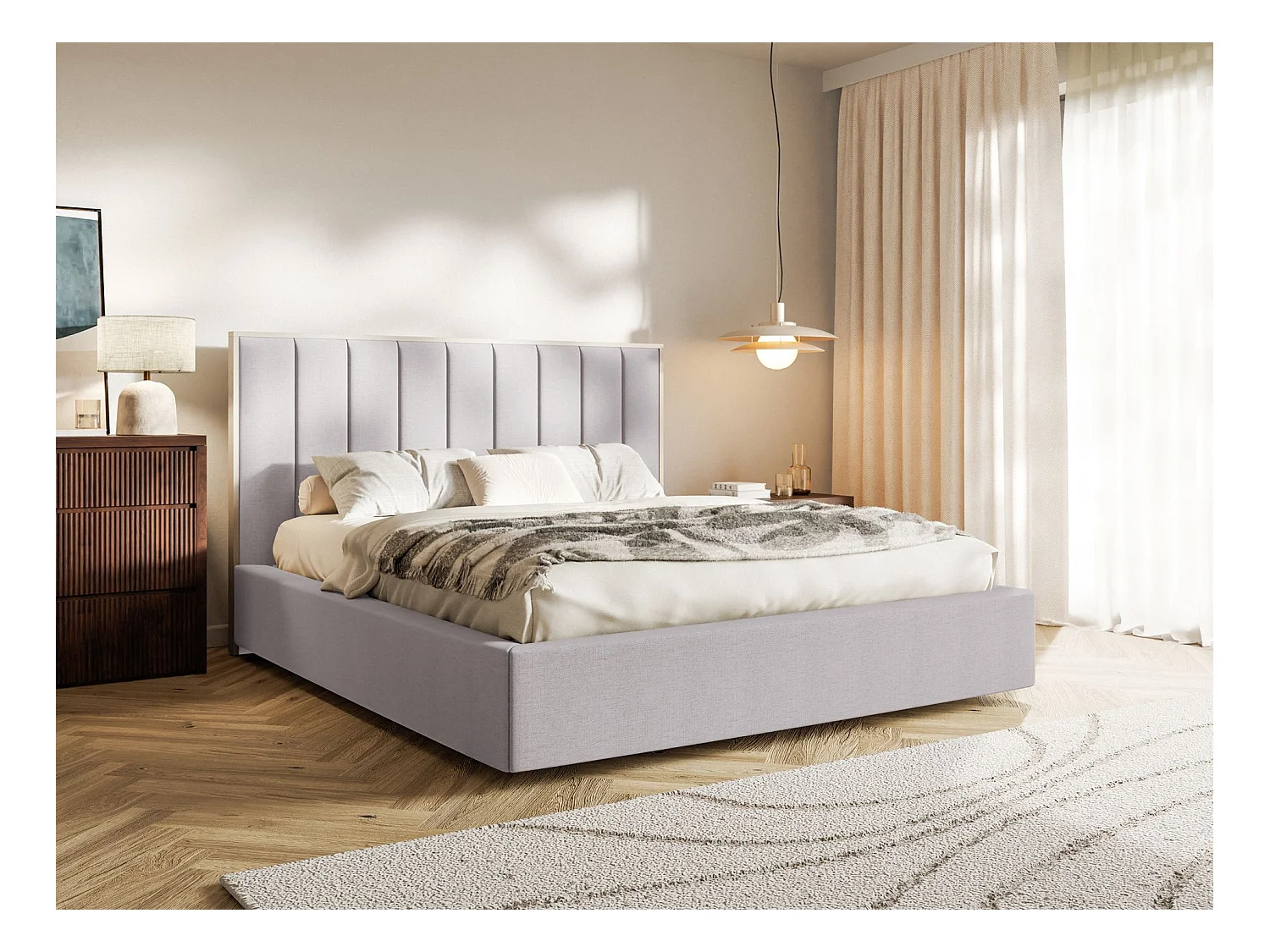 Gestoffeerd bed 160x200 - chenille en bedbox - grijs - TOGENTS