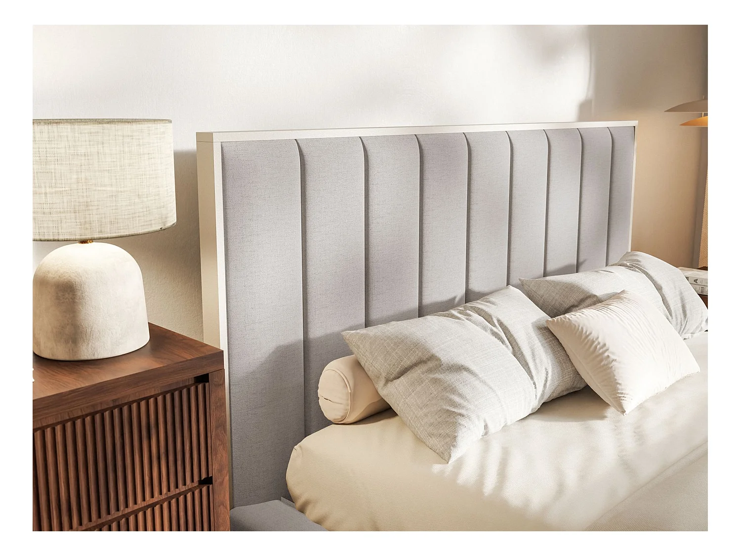 Lit tapissé avec coffre 160×200 - chenille - gris-beige - TOGENTS