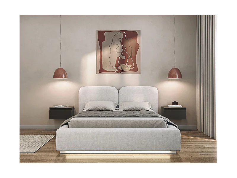 Lit tapissé avec coffre et LED 140×200 - chenille - gris clair - COMOVES