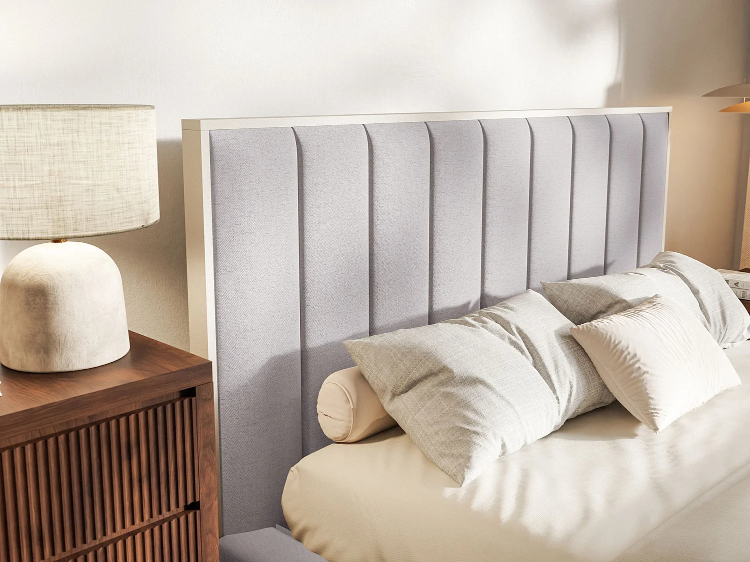 Lit tapissé avec coffre et LED180×200 - chenille - gris- TOGENTS