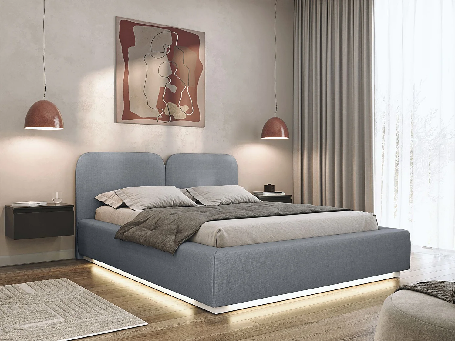 Lit tapissé avec coffre et LED 160×200 - chenille - gris - COMOVES