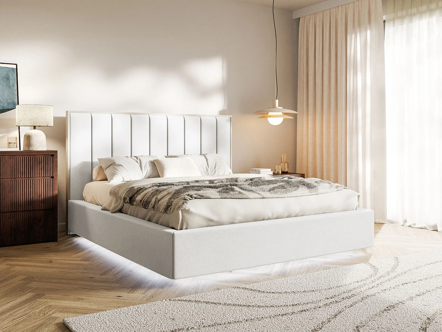 Lit tapissé avec coffre et LED 180×200 - velours - blanc - TOGENTS