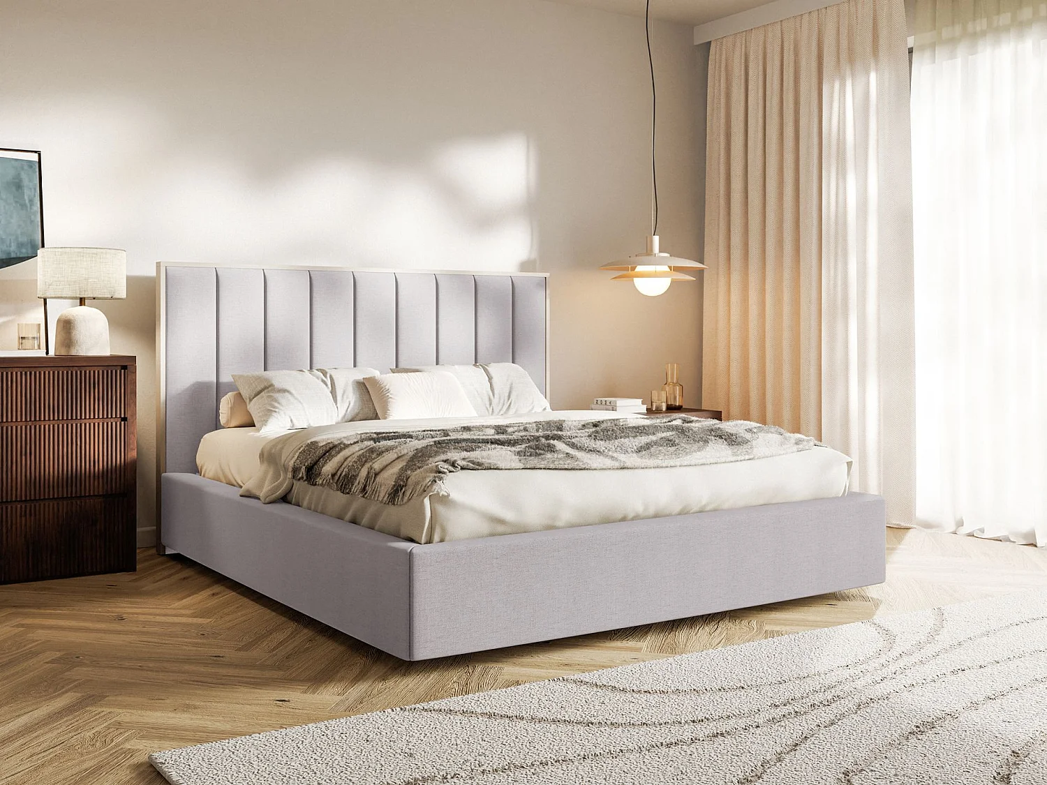 Lit tapissé avec coffre et LED160×200 - chenille - gris- TOGENTS