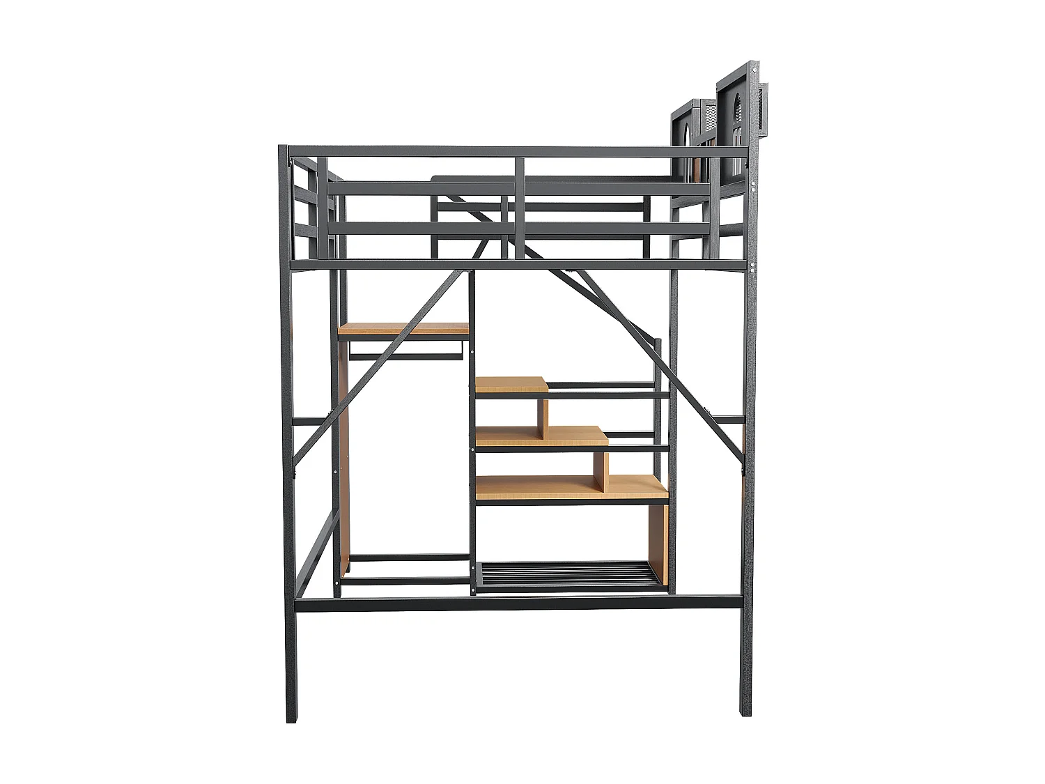 Zwarte kindermezzanine bed 140x200cm met opbergtrap en veiligheidshekje, metaal + MDF (zonder matras)