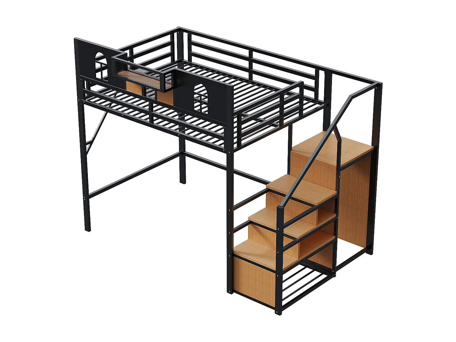 Zwarte kindermezzanine bed 140x200cm met opbergtrap en veiligheidshekje, metaal + MDF (zonder matras)