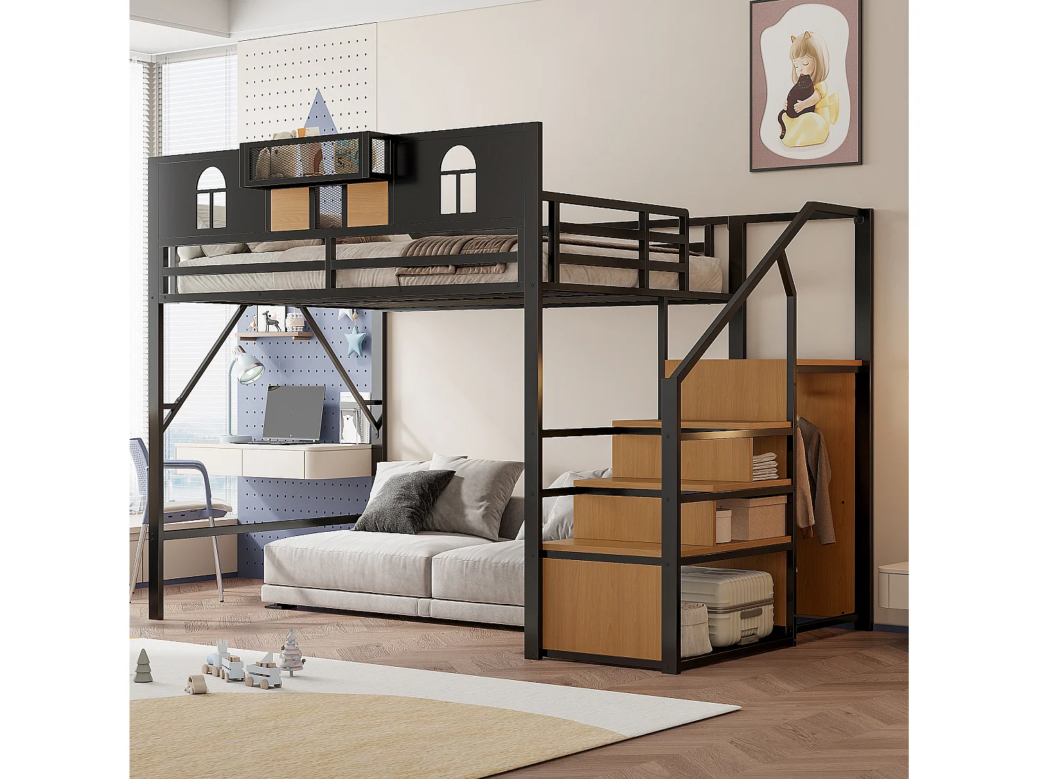Cama alta infantil negra de 140x200cm con escalera de almacenaje y barrera de seguridad, metal + MDF (sin colchón)