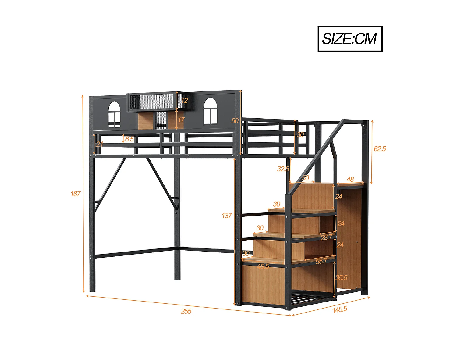 Cama alta infantil negra de 140x200cm con escalera de almacenaje y barrera de seguridad, metal + MDF (sin colchón)