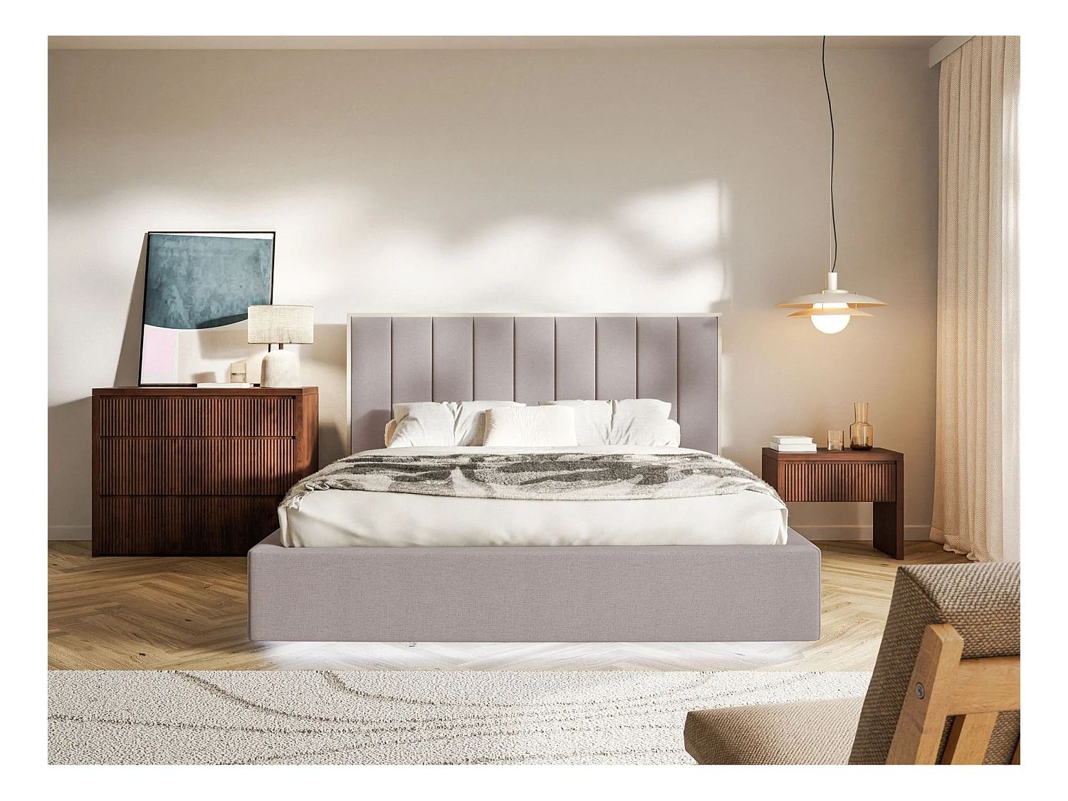 Lit tapissé avec coffre et LED140×200 - chenille - brun - TOGENTS