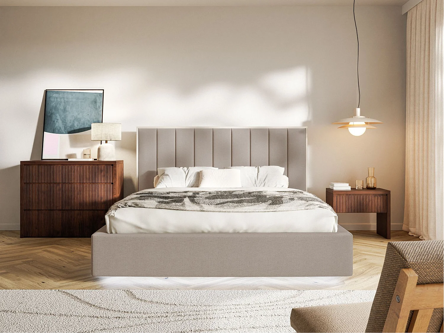 Lit tapissé avec coffre et LED140×200 - chenille - brun - TOGENTS