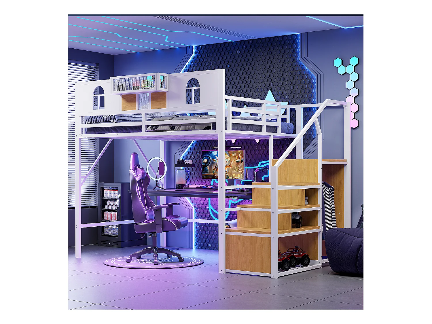 Lit mezzanine enfant blanc 140x200cm avec escalier de rangement et barrière de sécurité , métal + MDF (sans matelas)