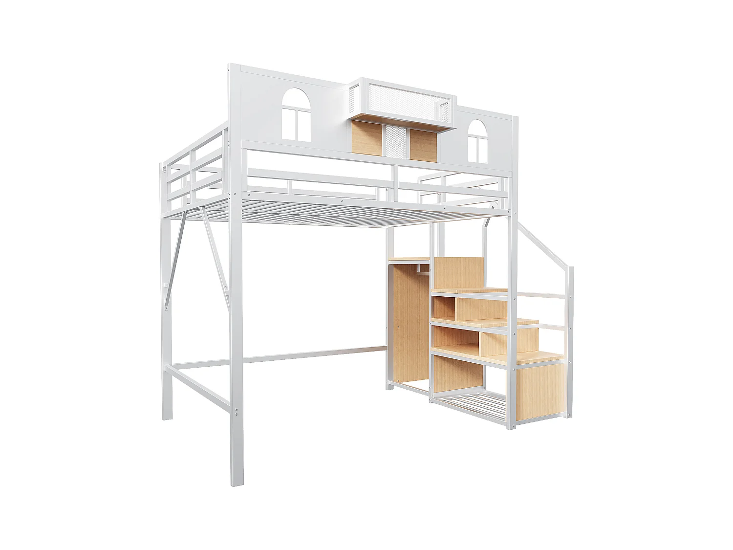 Lit mezzanine enfant blanc 140x200cm avec escalier de rangement et barrière de sécurité , métal + MDF (sans matelas)