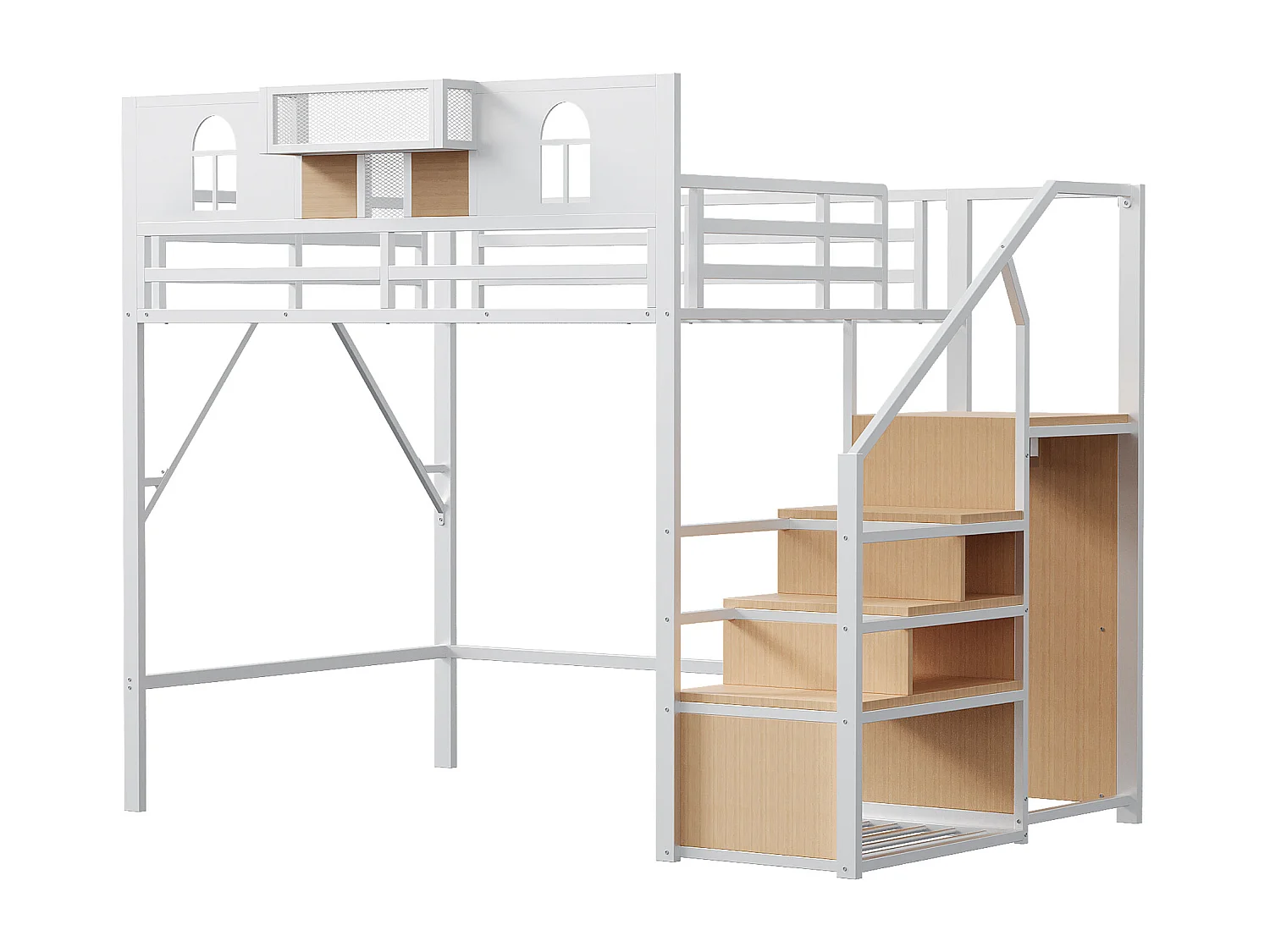 Kinderbed mezzanine wit 140x200cm met opbergtrap en veiligheidshekje, metaal + MDF (zonder matras)