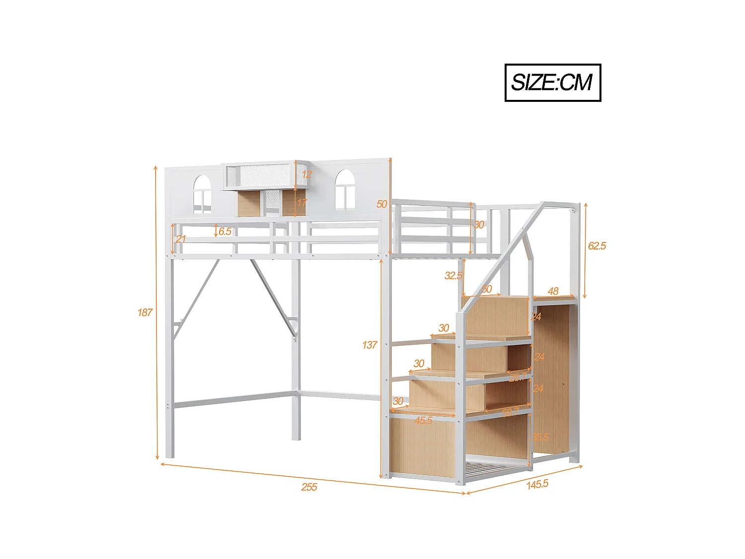 Kinderbed mezzanine wit 140x200cm met opbergtrap en veiligheidshekje, metaal + MDF (zonder matras)