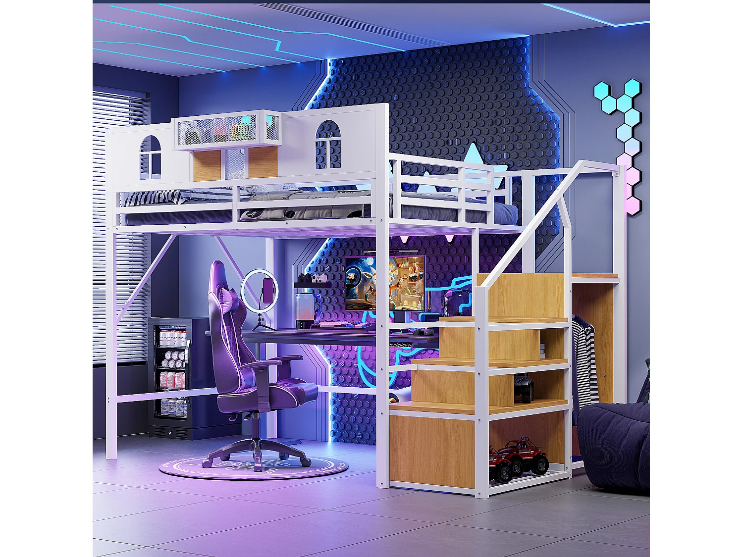 Kinderbed mezzanine wit 140x200cm met opbergtrap en veiligheidshekje, metaal + MDF (zonder matras)