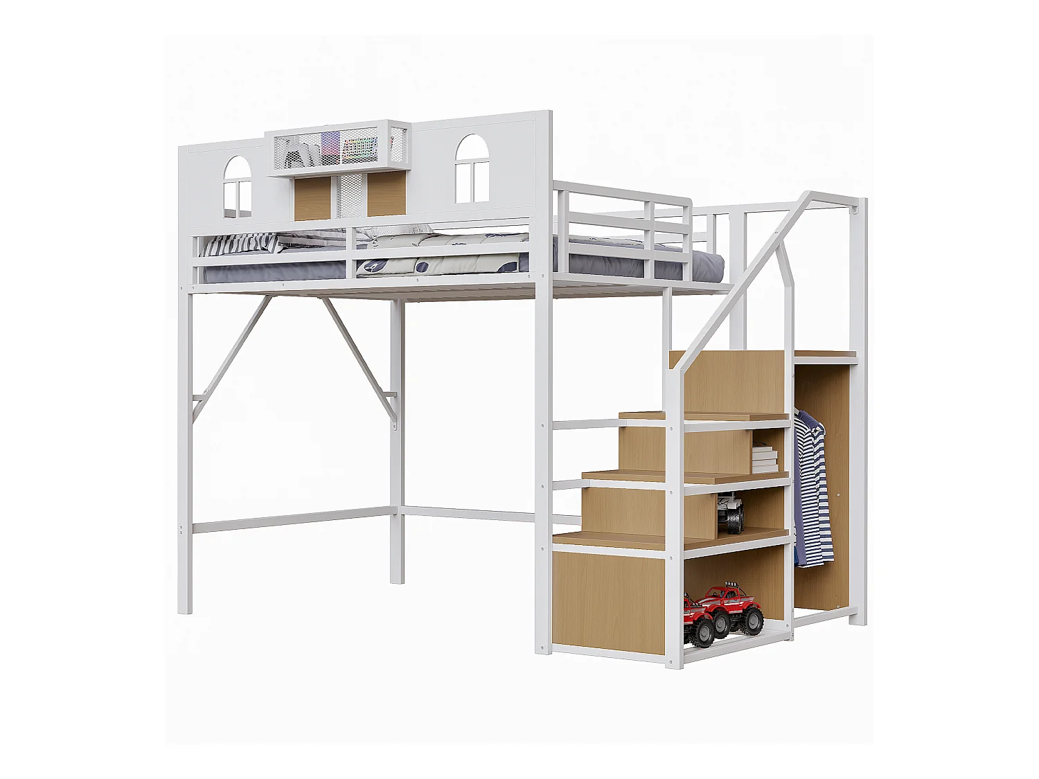 Kinderbed mezzanine wit 140x200cm met opbergtrap en veiligheidshekje, metaal + MDF (zonder matras)