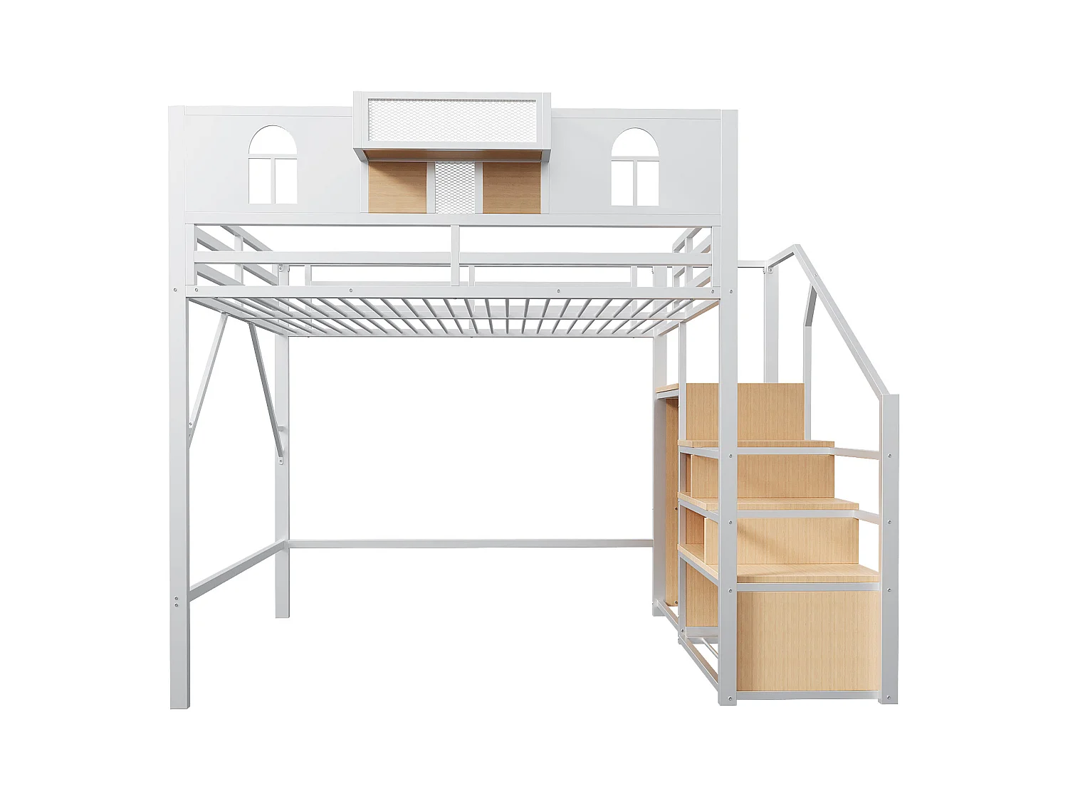Kinderbed mezzanine wit 140x200cm met opbergtrap en veiligheidshekje, metaal + MDF (zonder matras)