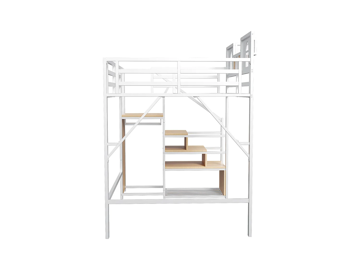 Kinderbed mezzanine wit 140x200cm met opbergtrap en veiligheidshekje, metaal + MDF (zonder matras)