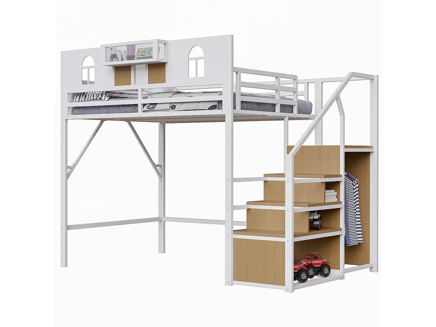 Cama alta infantil blanca 140x200cm con escalera de almacenaje y barrera de seguridad, metal + MDF (sin colchón)