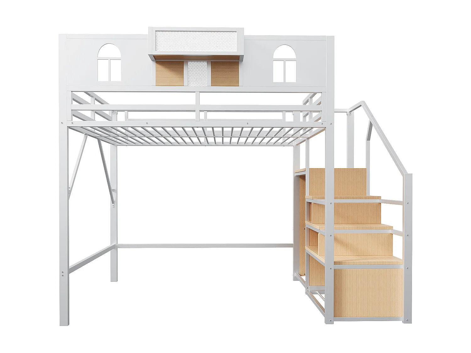 Cama alta infantil blanca 140x200cm con escalera de almacenaje y barrera de seguridad, metal + MDF (sin colchón)