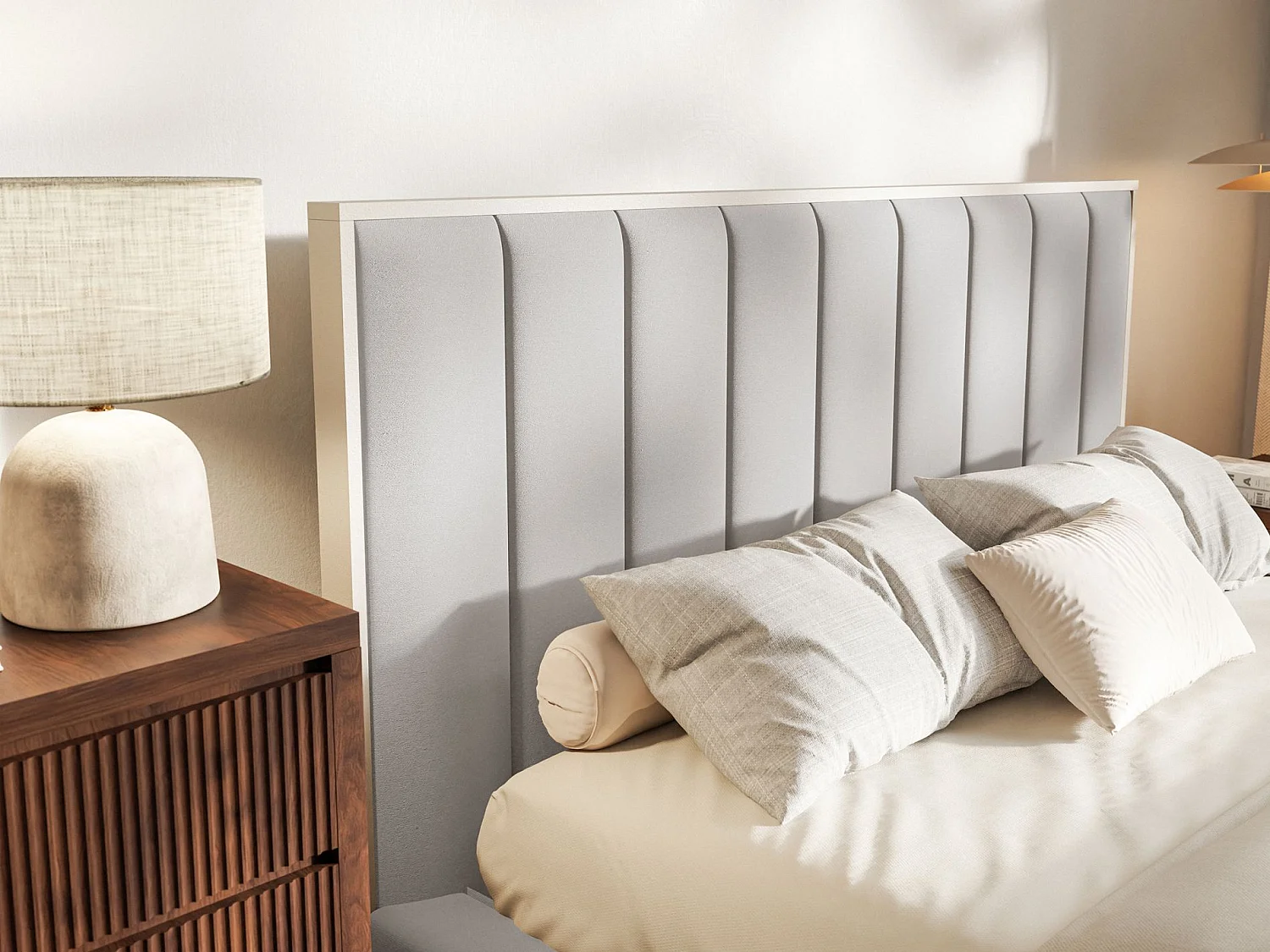 Lit tapissé 140×200 - velours - gris clair- TOGENTS