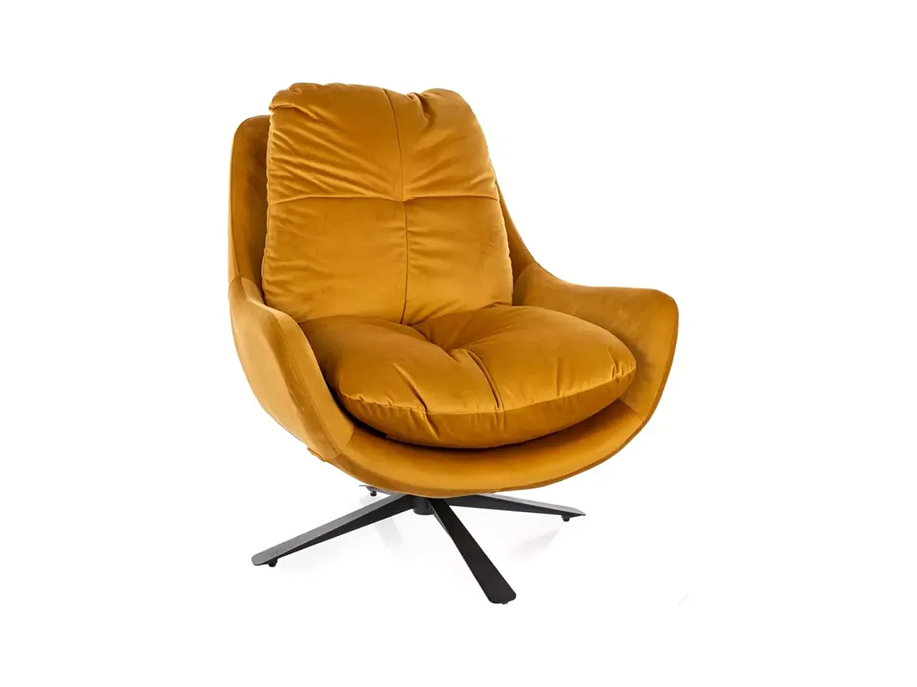 Fauteuil pivotant 360° velours curry design lounge coussin XL pied métal noir CALA