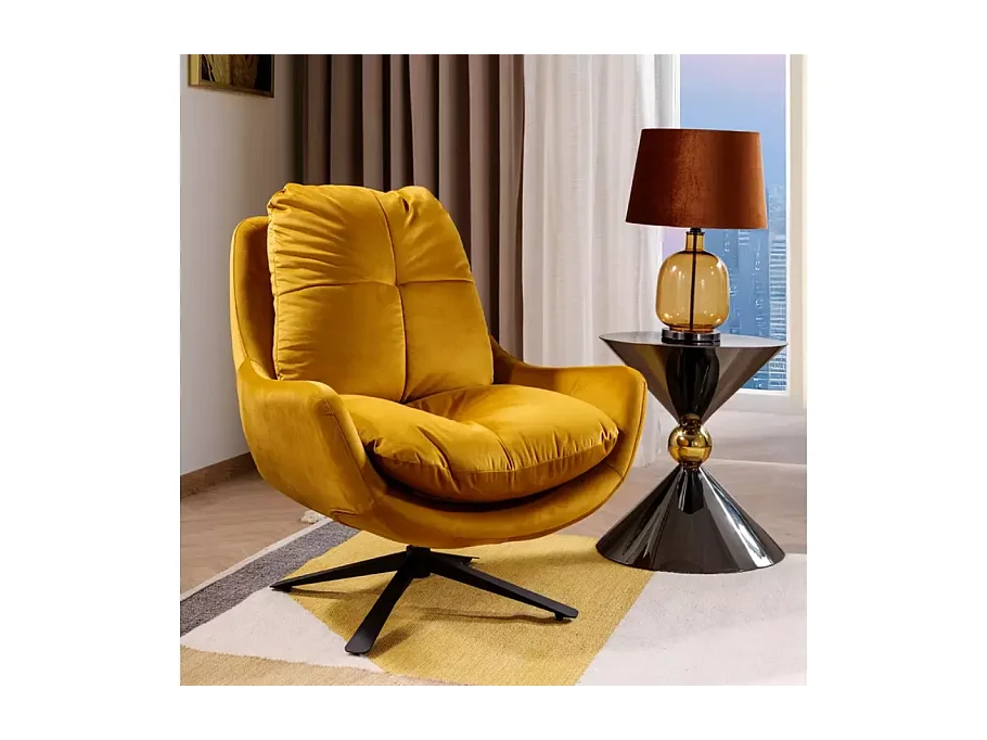 Fauteuil pivotant 360° velours curry design lounge coussin XL pied métal noir CALA