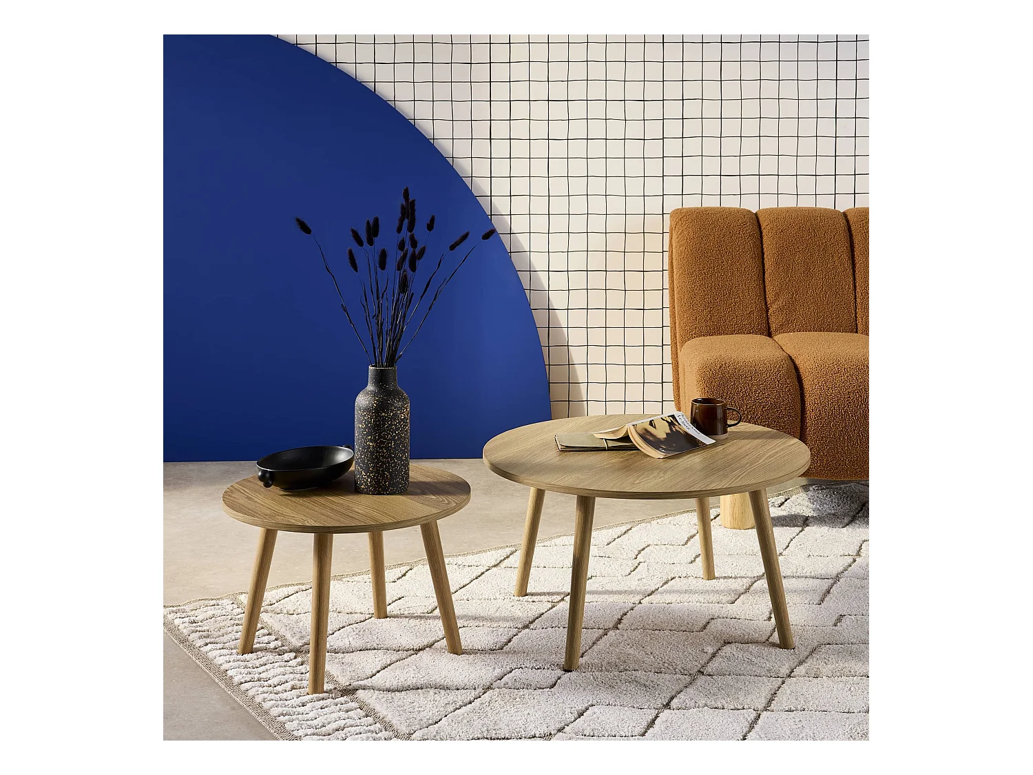 Mesas nido vintage redondas con efecto madera, set de 2 efecto fresno