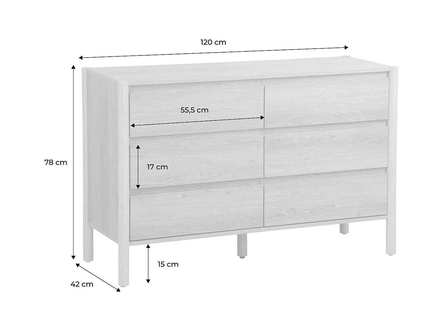 Cómoda con decoración de madera, 6 cajones natural